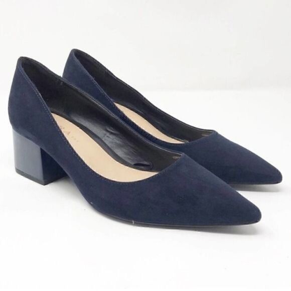 Zara TRF Navy Faux Suede Chunky Heels Size 35 - Picture 1 of 7